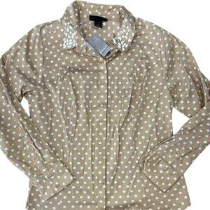 Lane Bryant NWT Polka Dot Shirt Top 14 Beige Rhinestone Collar Long Sleeve